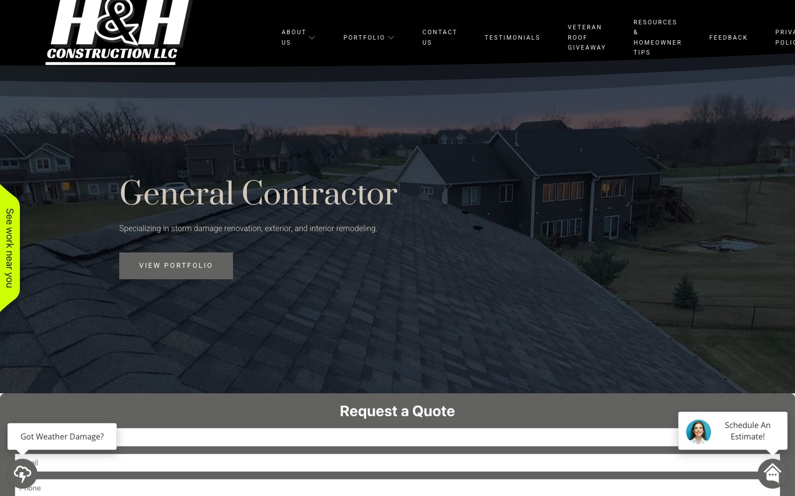 The current handhconstructioncompany.com homepage