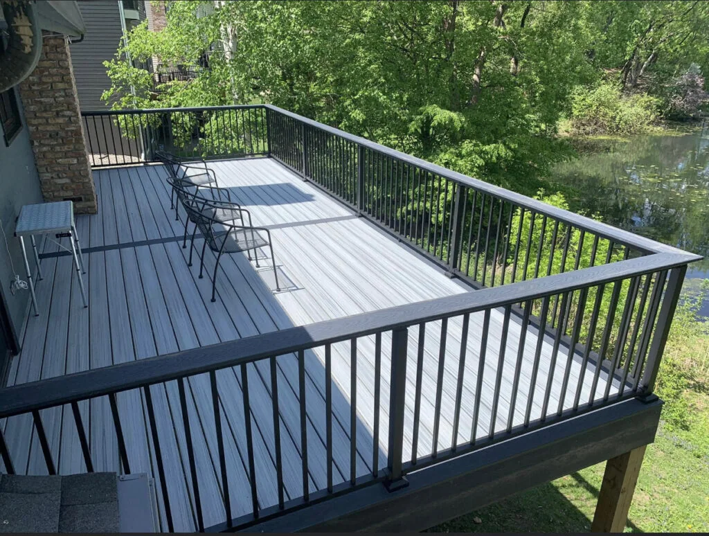 Composite deck with black metal railing